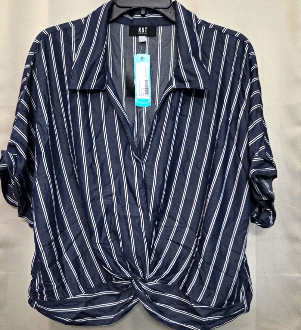 KUT from the Kloth Striped V-Neck Twist Front Short Sleeve Top 2XL